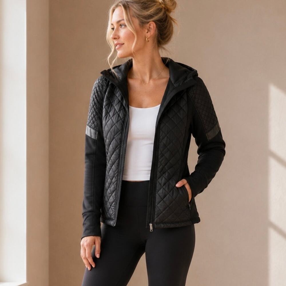 Athleta Black Quilted Hybrid Puffer Jacket Women's XS Hooded Reflective Running
